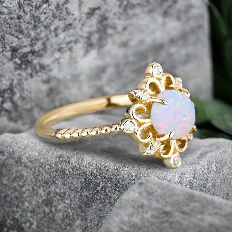 Vintage Round Opal Engagement Ring Solid Rose Gold Leaf Ring Pink-White Opal Bridal Ring Unique Promise Anniversary Gift