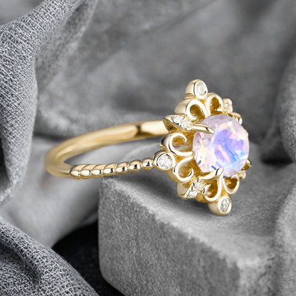 Vintage Round Moissanite Engagement Ring Solid Rose Gold Leaf Ring Transparent Moissanite Bridal Ring Unique Promise Anniversary Gift