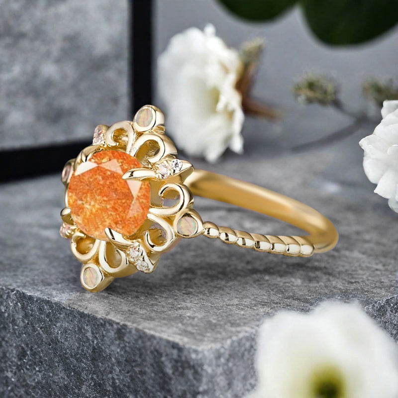 Vintage Round Sunstone Engagement Ring Solid Rose Gold Leaf Ring Orange Sunstone Bridal Ring Unique Promise Anniversary Gift