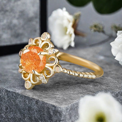 Vintage Round Sunstone Engagement Ring Solid Rose Gold Leaf Ring Orange Sunstone Bridal Ring Unique Promise Anniversary Gift