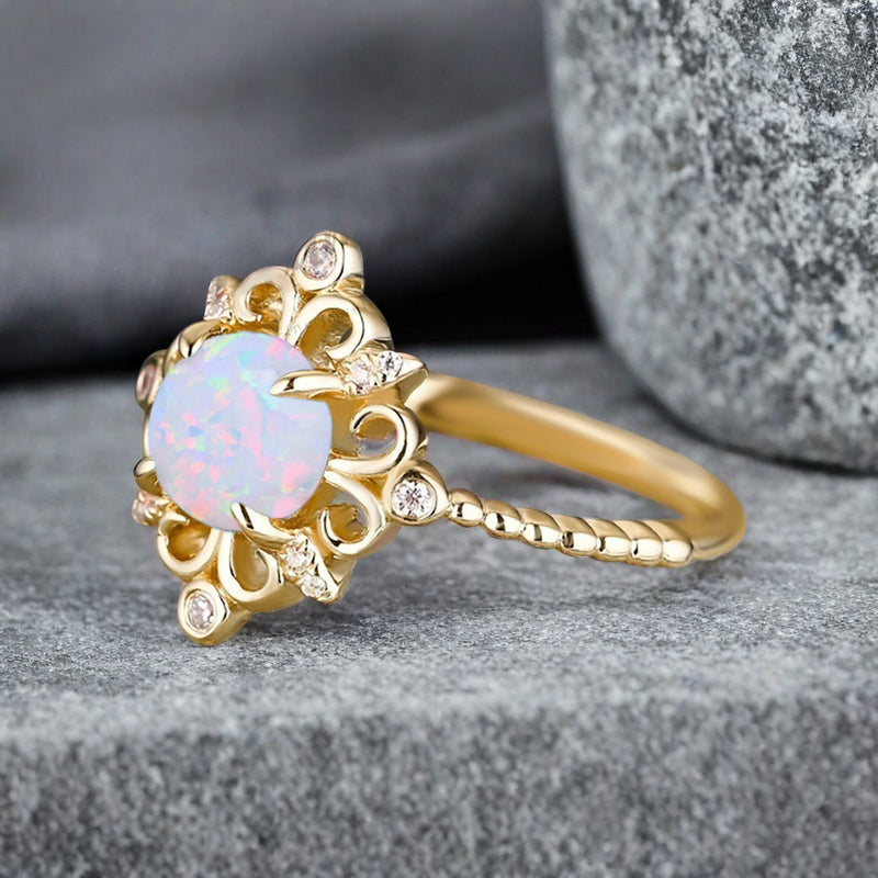 Vintage Round Opal Engagement Ring Solid Rose Gold Leaf Ring Pink-White Opal Bridal Ring Unique Promise Anniversary Gift