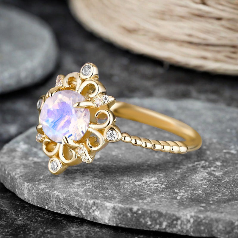 Vintage Round Moissanite Engagement Ring Solid Rose Gold Leaf Ring Transparent Moissanite Bridal Ring Unique Promise Anniversary Gift