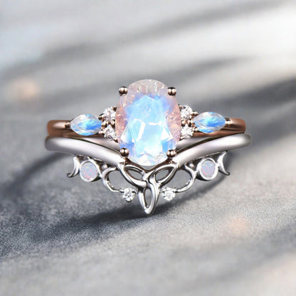 Nature Inspired Color-Change Moonstone Bridal Set Twig Vine Engagement Ring Oval Moonstone Ring June Birthstone Wedding Gifts