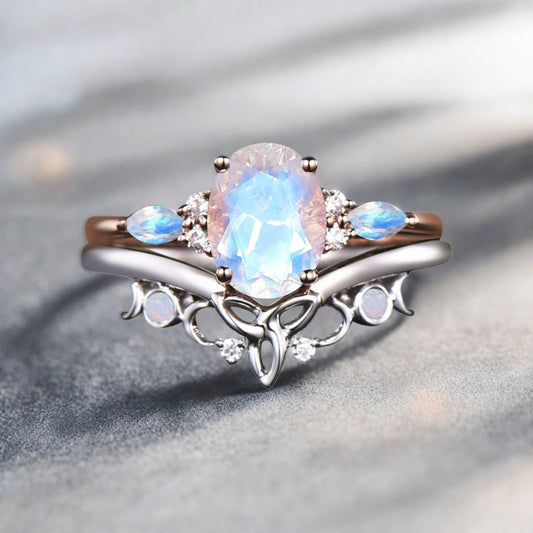 Nature Inspired Color-Change Moonstone Bridal Set Twig Vine Engagement Ring Oval Moonstone Ring June Birthstone Wedding Gifts