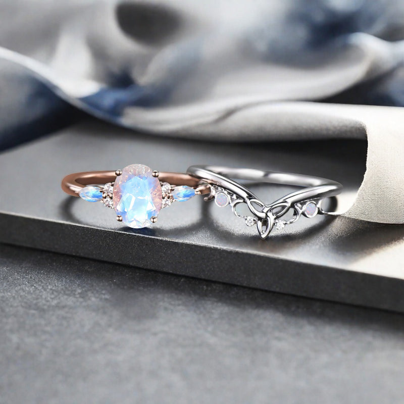 Nature Inspired Color-Change Moonstone Bridal Set Twig Vine Engagement Ring Oval Moonstone Ring June Birthstone Wedding Gifts