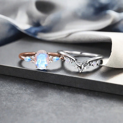 Nature Inspired Color-Change Moonstone Bridal Set Twig Vine Engagement Ring Oval Moonstone Ring June Birthstone Wedding Gifts