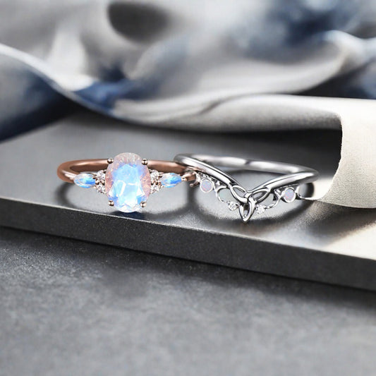 Nature Inspired Color-Change Moonstone Bridal Set Twig Vine Engagement Ring Oval Moonstone Ring June Birthstone Wedding Gifts