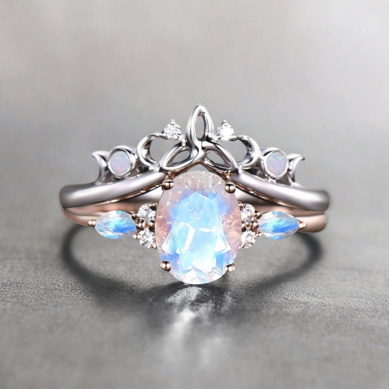 Nature Inspired Color-Change Moonstone Bridal Set Twig Vine Engagement Ring Oval Moonstone Ring June Birthstone Wedding Gifts