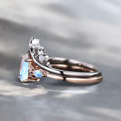 Nature Inspired Color-Change Moonstone Bridal Set Twig Vine Engagement Ring Oval Moonstone Ring June Birthstone Wedding Gifts