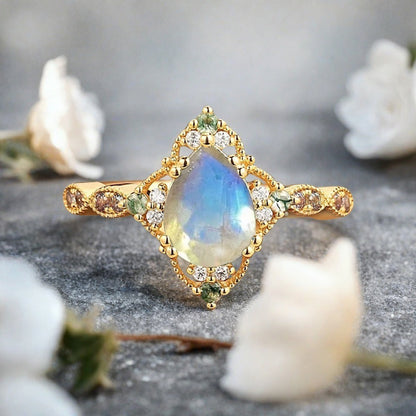 Vintage Moonstone Engagement Ring Pear Shape White-Blue Gemstone Anniversary Ring Solid Gold Solitaire Unique Moonstone Ring for Women