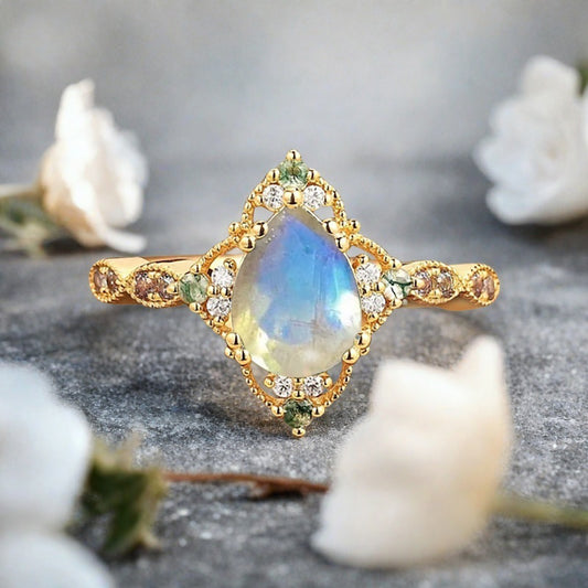 Vintage Moonstone Engagement Ring Pear Shape White-Blue Gemstone Anniversary Ring Solid Gold Solitaire Unique Moonstone Ring for Women
