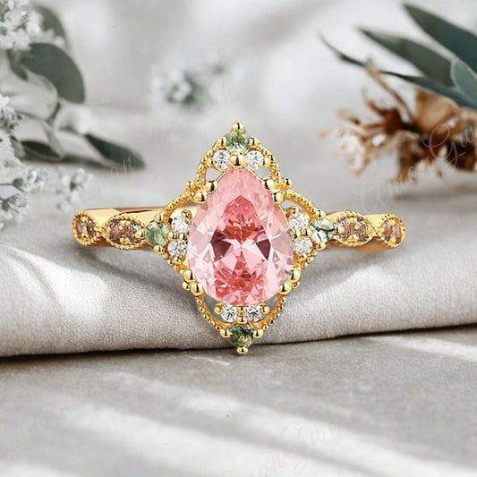 Vintage Pink Sapphire Engagement Ring Pear Shape Pink Gemstone Anniversary Ring Solid Gold Solitaire Unique Pink-Sapphire Ring for Women
