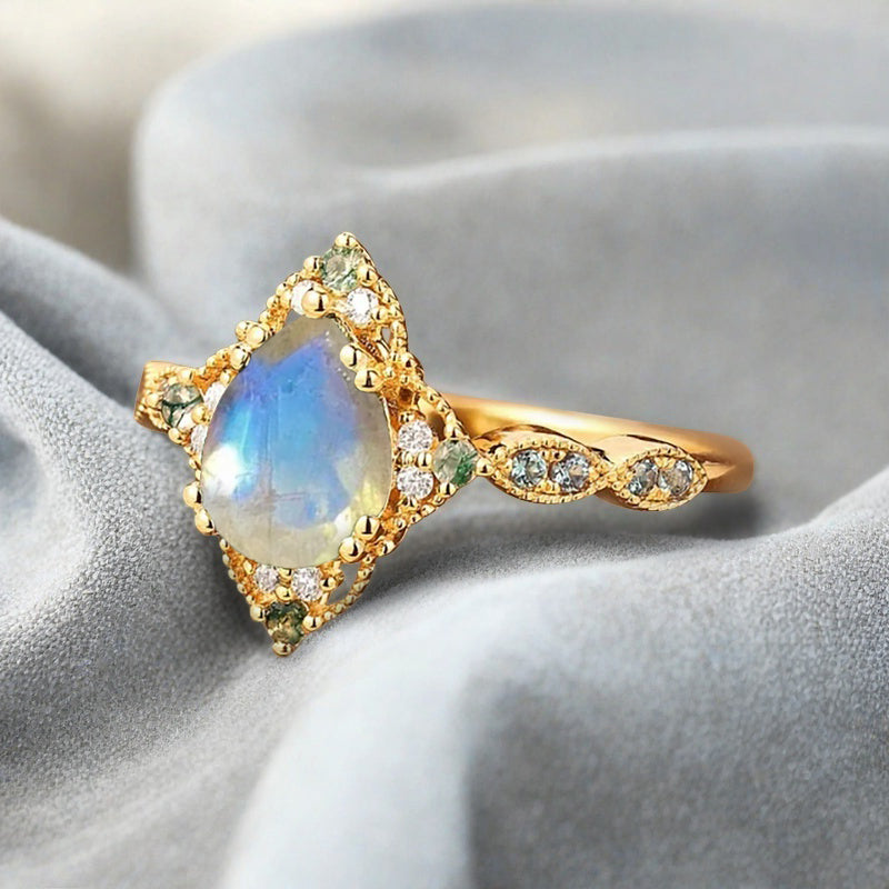 Vintage Moonstone Engagement Ring Pear Shape White-Blue Gemstone Anniversary Ring Solid Gold Solitaire Unique Moonstone Ring for Women