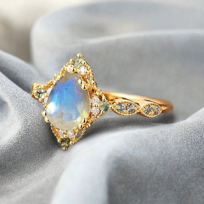 Vintage Moonstone Engagement Ring Pear Shape White-Blue Gemstone Anniversary Ring Solid Gold Solitaire Unique Moonstone Ring for Women