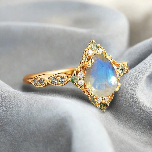 Vintage Moonstone Engagement Ring Pear Shape White-Blue Gemstone Anniversary Ring Solid Gold Solitaire Unique Moonstone Ring for Women