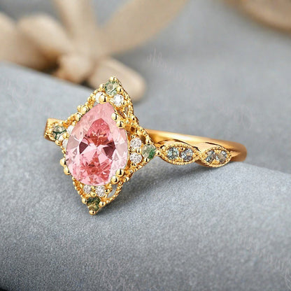Vintage Pink Sapphire Engagement Ring Pear Shape Pink Gemstone Anniversary Ring Solid Gold Solitaire Unique Pink-Sapphire Ring for Women