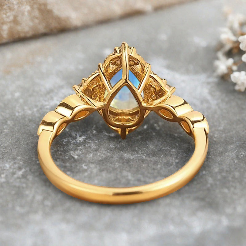 Vintage Moonstone Engagement Ring Pear Shape White-Blue Gemstone Anniversary Ring Solid Gold Solitaire Unique Moonstone Ring for Women