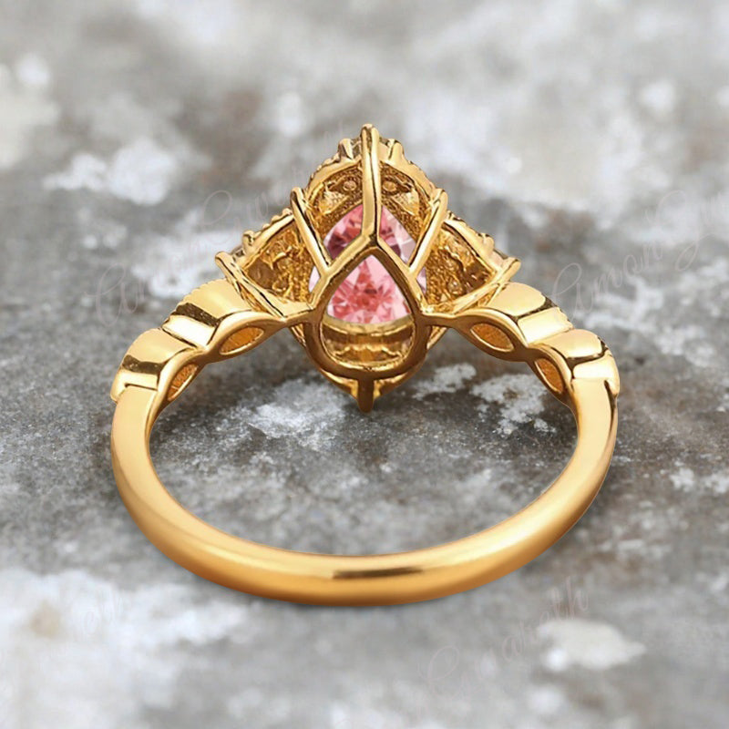 Vintage Pink Sapphire Engagement Ring Pear Shape Pink Gemstone Anniversary Ring Solid Gold Solitaire Unique Pink-Sapphire Ring for Women