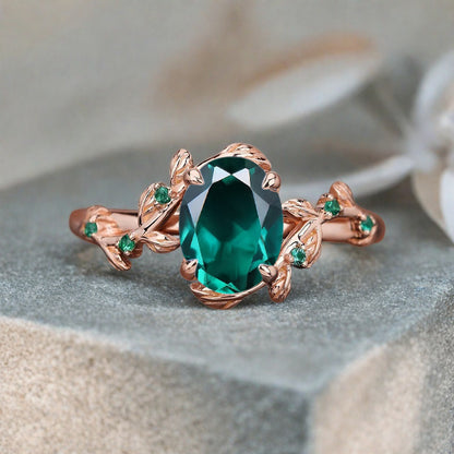 Vintage Oval Cut Emerald Engagement Ring Branch Ring Art Deco Emerald Wedding Ring Solid 18k Rose Gold Leaf Ring Bridal Promise Ring Gift For Her