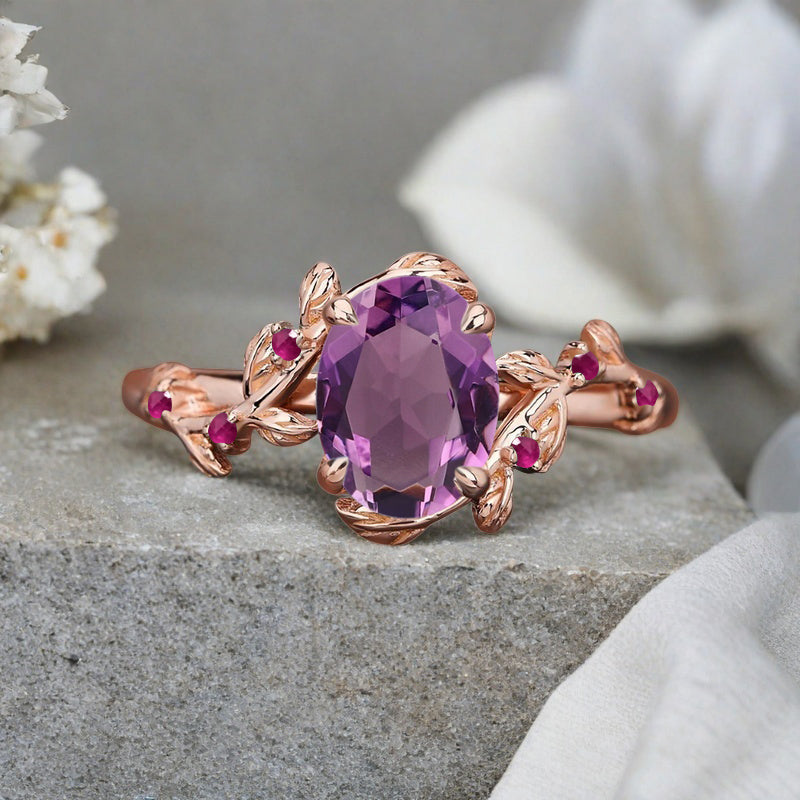 Vintage Oval Cut Amethyst Engagement Ring Branch Ring Art Deco Amethyst Wedding Ring Solid 18k Rose Gold Leaf Ring Bridal Promise Ring Gift For Her