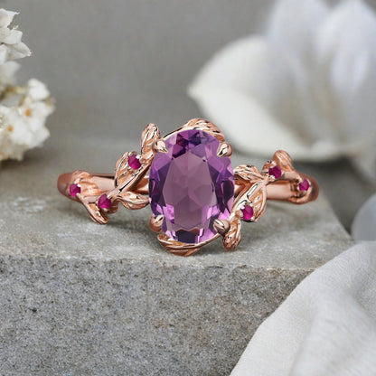 Vintage Oval Cut Amethyst Engagement Ring Branch Ring Art Deco Amethyst Wedding Ring Solid 18k Rose Gold Leaf Ring Bridal Promise Ring Gift For Her