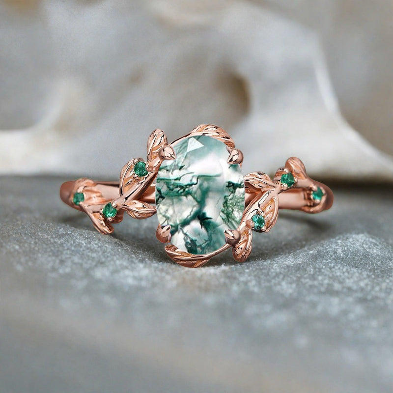 Vintage Oval Cut Moss Agate Engagement Ring Branch Ring Art Deco Moss Agate Wedding Ring Solid 18k Rose Gold Leaf Ring Bridal Promise Ring Gift For Her