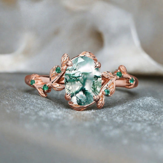 Vintage Oval Cut Moss Agate Engagement Ring Branch Ring Art Deco Moss Agate Wedding Ring Solid 18k Rose Gold Leaf Ring Bridal Promise Ring Gift For Her