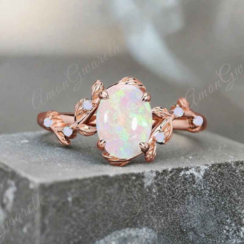 Vintage Oval Cut Opal Engagement Ring Branch Ring Art Deco Opal Wedding Ring Solid 18k Rose Gold Leaf Ring Bridal Promise Ring Gift For Her