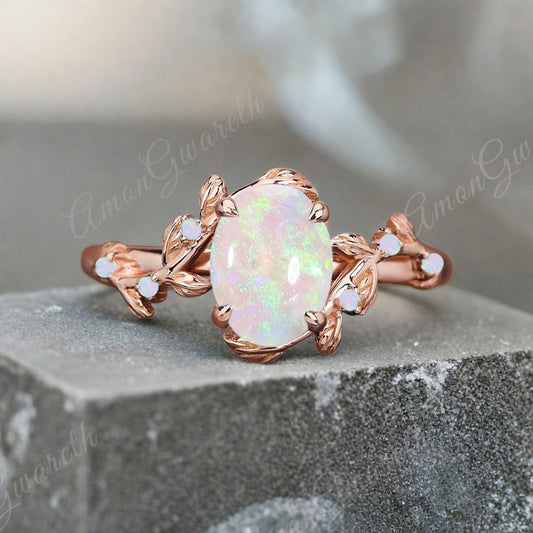 Vintage Oval Cut Opal Engagement Ring Branch Ring Art Deco Opal Wedding Ring Solid 18k Rose Gold Leaf Ring Bridal Promise Ring Gift For Her