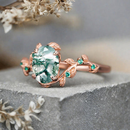 Vintage Oval Cut Moss Agate Engagement Ring Branch Ring Art Deco Moss Agate Wedding Ring Solid 18k Rose Gold Leaf Ring Bridal Promise Ring Gift For Her