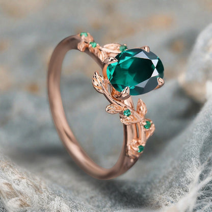 Vintage Oval Cut Emerald Engagement Ring Branch Ring Art Deco Emerald Wedding Ring Solid 18k Rose Gold Leaf Ring Bridal Promise Ring Gift For Her