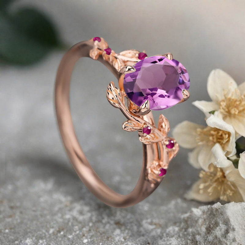 Vintage Oval Cut Amethyst Engagement Ring Branch Ring Art Deco Amethyst Wedding Ring Solid 18k Rose Gold Leaf Ring Bridal Promise Ring Gift For Her