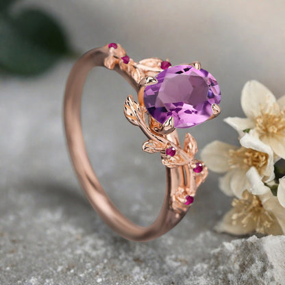 Vintage Oval Cut Amethyst Engagement Ring Branch Ring Art Deco Amethyst Wedding Ring Solid 18k Rose Gold Leaf Ring Bridal Promise Ring Gift For Her