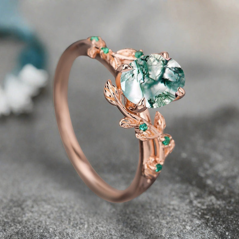 Vintage Oval Cut Moss Agate Engagement Ring Branch Ring Art Deco Moss Agate Wedding Ring Solid 18k Rose Gold Leaf Ring Bridal Promise Ring Gift For Her