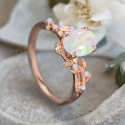 Vintage Oval Cut Opal Engagement Ring Branch Ring Art Deco Opal Wedding Ring Solid 18k Rose Gold Leaf Ring Bridal Promise Ring Gift For Her