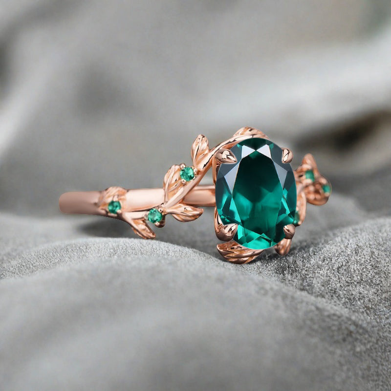 Vintage Oval Cut Emerald Engagement Ring Branch Ring Art Deco Emerald Wedding Ring Solid 18k Rose Gold Leaf Ring Bridal Promise Ring Gift For Her