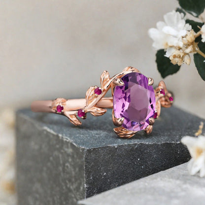 Vintage Oval Cut Amethyst Engagement Ring Branch Ring Art Deco Amethyst Wedding Ring Solid 18k Rose Gold Leaf Ring Bridal Promise Ring Gift For Her