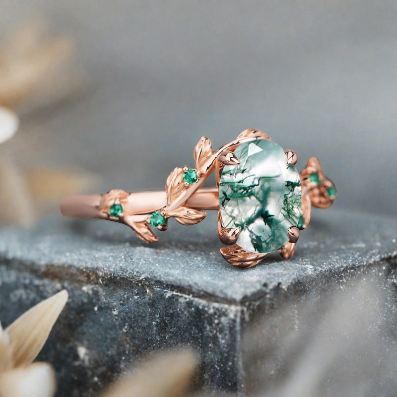 Vintage Oval Cut Moss Agate Engagement Ring Branch Ring Art Deco Moss Agate Wedding Ring Solid 18k Rose Gold Leaf Ring Bridal Promise Ring Gift For Her