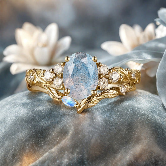 Vintage Oval Shape Labradorite Engagement Ring Set Unique Labradorite Gemstone Promise Bridal Ring Set Anniversary Gift