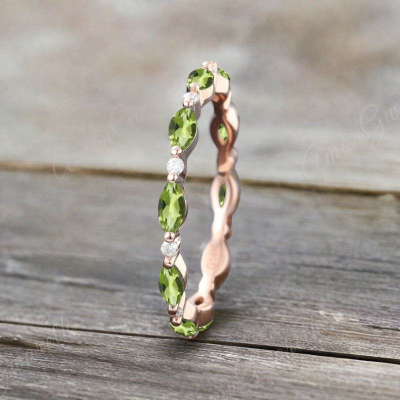 Unique Marquise Peridot wedding band Rose gold moissanite wedding band women full eternity matching stacking ring Anniversary gift for her