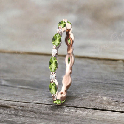 Unique Marquise Peridot wedding band Rose gold moissanite wedding band women full eternity matching stacking ring Anniversary gift for her