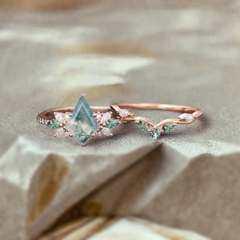 Vintage Kite Shape Moss Agate Engagement Ring Set Unique Moissanite Gemstone Promise Bridal Ring Set Anniversary Gift
