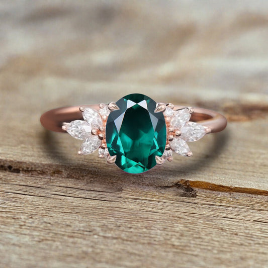 Unique Vintage Oval Cut Emerald Ring Solid 18k Rose Gold Ring Handmade Moissanite Engagement Ring Promise Bridal Ring Anniversary Gift