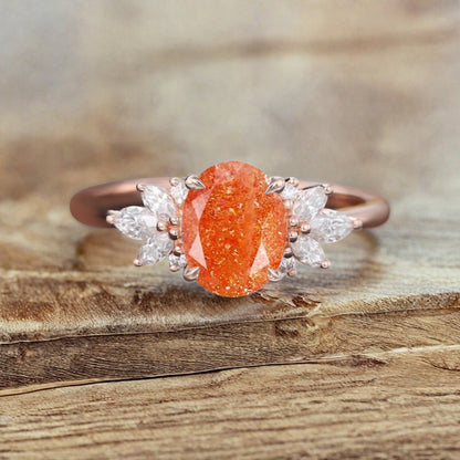 Unique Vintage Oval Cut Sunstone Ring Solid 18k Rose Gold Ring Handmade Moissanite Engagement Ring Promise Bridal Ring Anniversary Gift