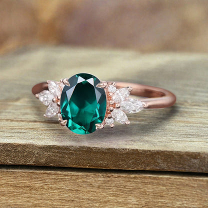 Unique Vintage Oval Cut Emerald Ring Solid 18k Rose Gold Ring Handmade Moissanite Engagement Ring Promise Bridal Ring Anniversary Gift