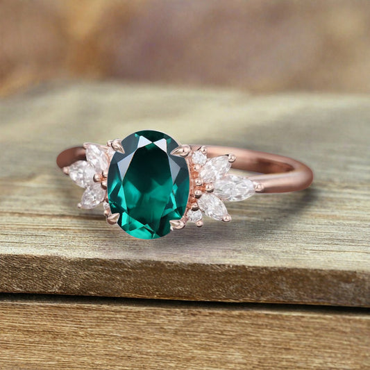 Unique Vintage Oval Cut Emerald Ring Solid 18k Rose Gold Ring Handmade Moissanite Engagement Ring Promise Bridal Ring Anniversary Gift