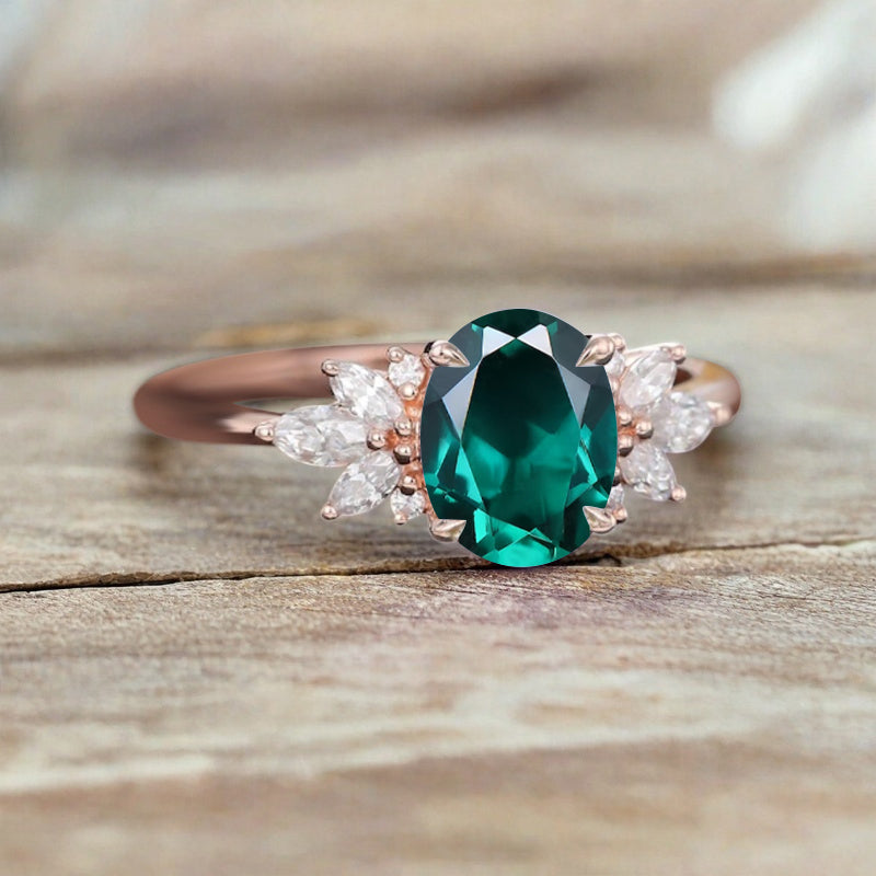 Unique Vintage Oval Cut Emerald Ring Solid 18k Rose Gold Ring Handmade Moissanite Engagement Ring Promise Bridal Ring Anniversary Gift