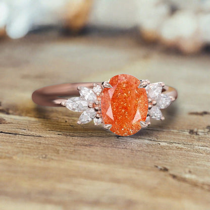 Unique Vintage Oval Cut Sunstone Ring Solid 18k Rose Gold Ring Handmade Moissanite Engagement Ring Promise Bridal Ring Anniversary Gift