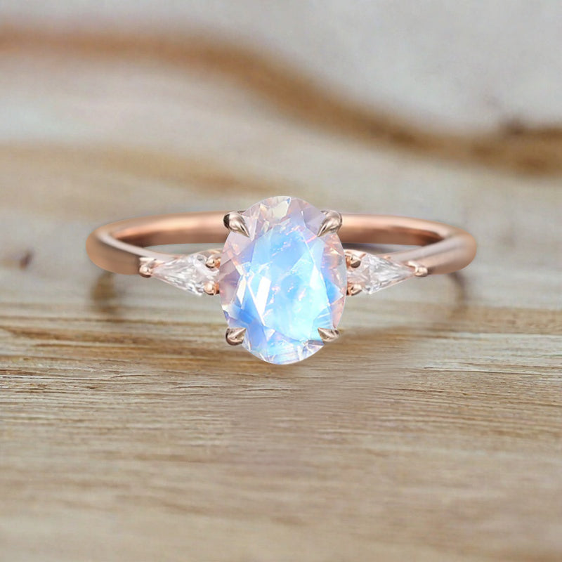 Oval Shape Moonstone Ring Vintage Engagement Ring 18K Rose Gold Moonstone Ring Unique Wedding Bridal Ring Anniversary Gift Ring