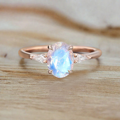 Oval Shape Moonstone Ring Vintage Engagement Ring 18K Rose Gold Moonstone Ring Unique Wedding Bridal Ring Anniversary Gift Ring